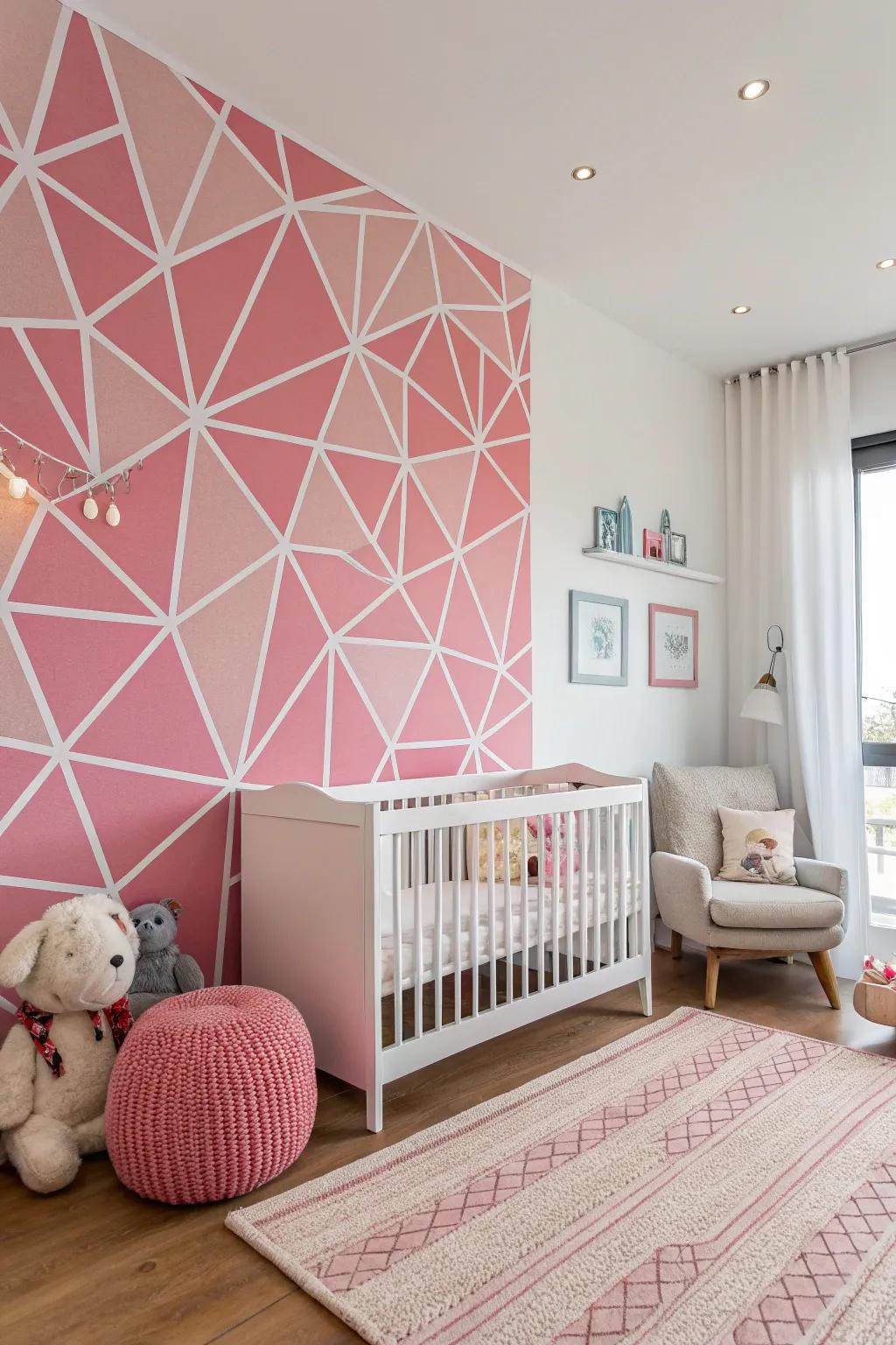 A fashionable nursery showcasing a geometric pink accent wall that ignites curiosity.