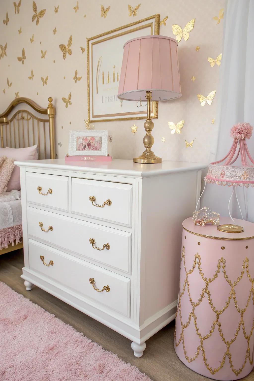 White furnishings complement the lively shades of pink and gold.