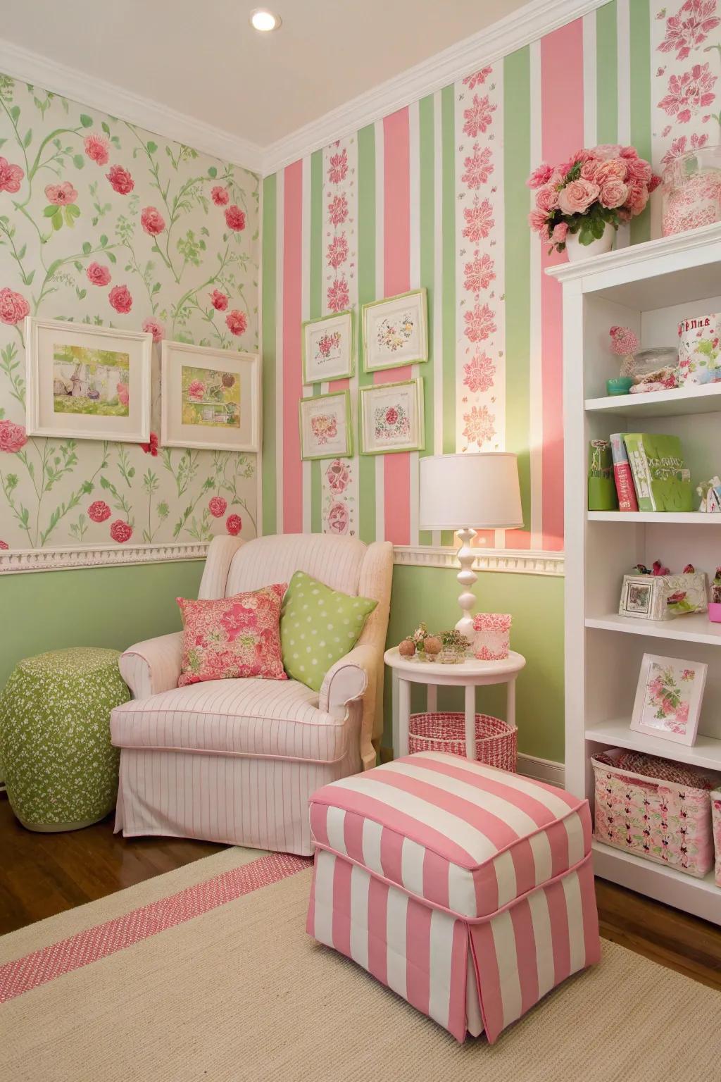 Playful combination of designs in rose and verdant for a lively room decor.