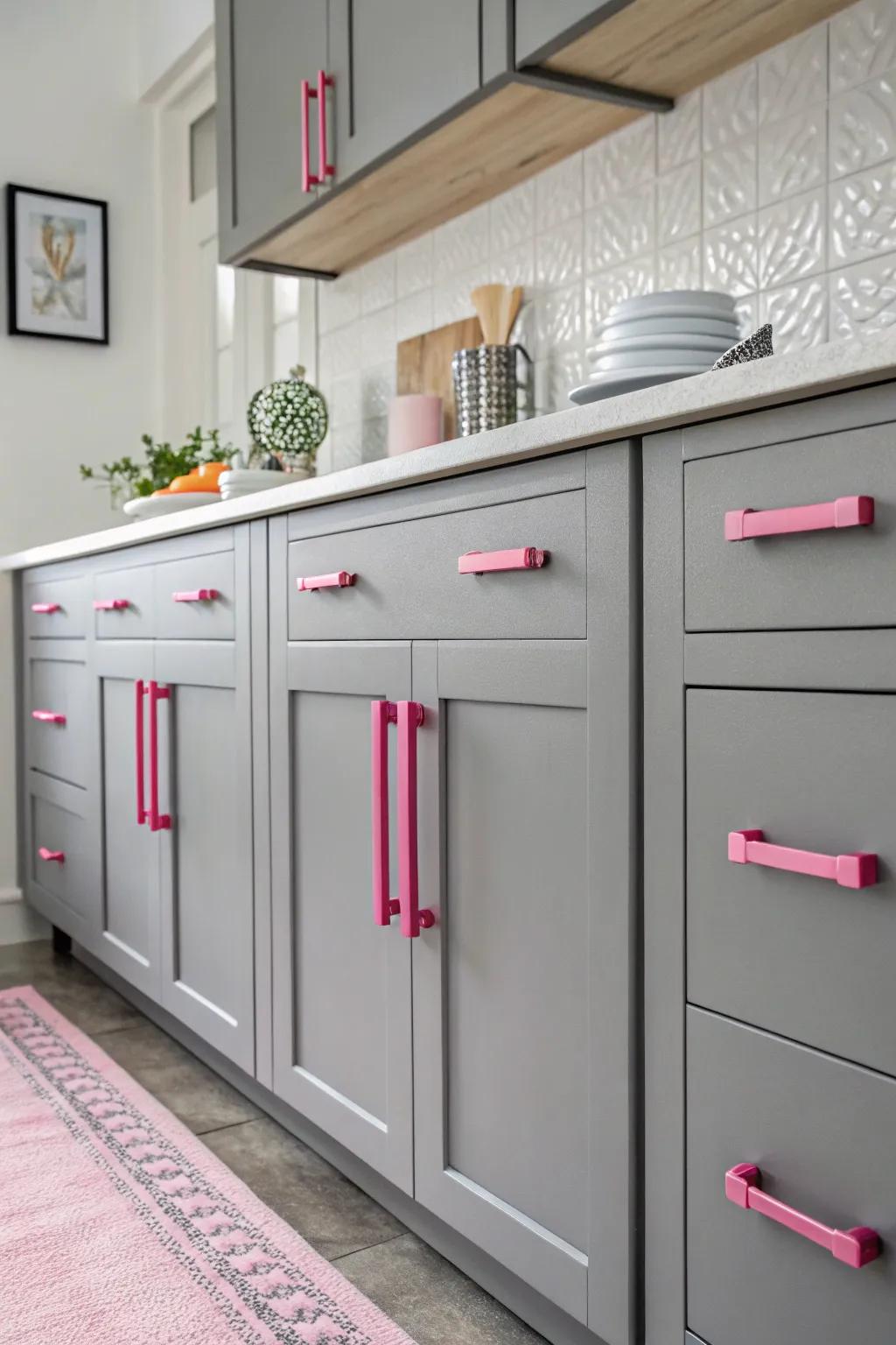 Grey cabinets fitted with rose handles provide a playful contrast.