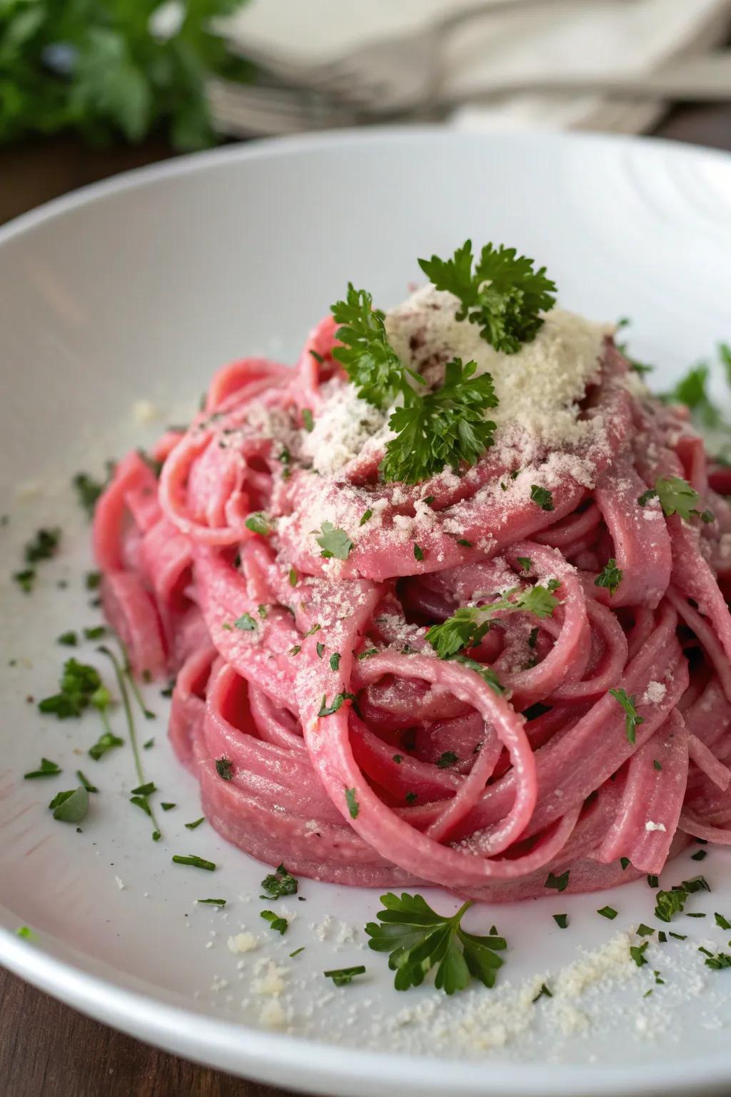 Rose-tinted pasta carbonara is an imaginative and vibrant variation on a classic recipe.