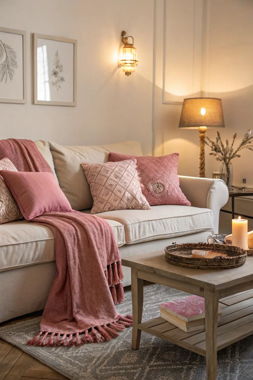 Rose-toned embellishments evoke an inviting and snug mood.