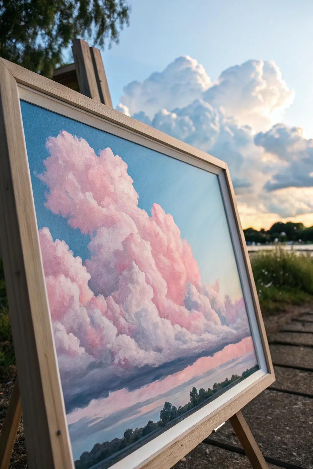 Fun art piece that showcases light pink clouds.