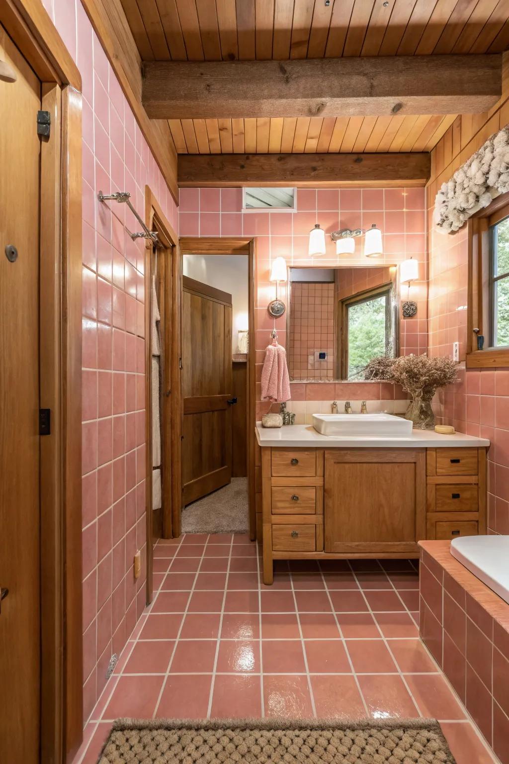 A harmonious combination of rose-tinted tiling and wooden components in the bathroom.