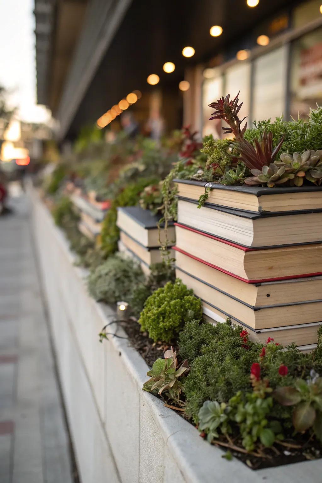 This plant ledge is enhanced with personal charm and depth using books.