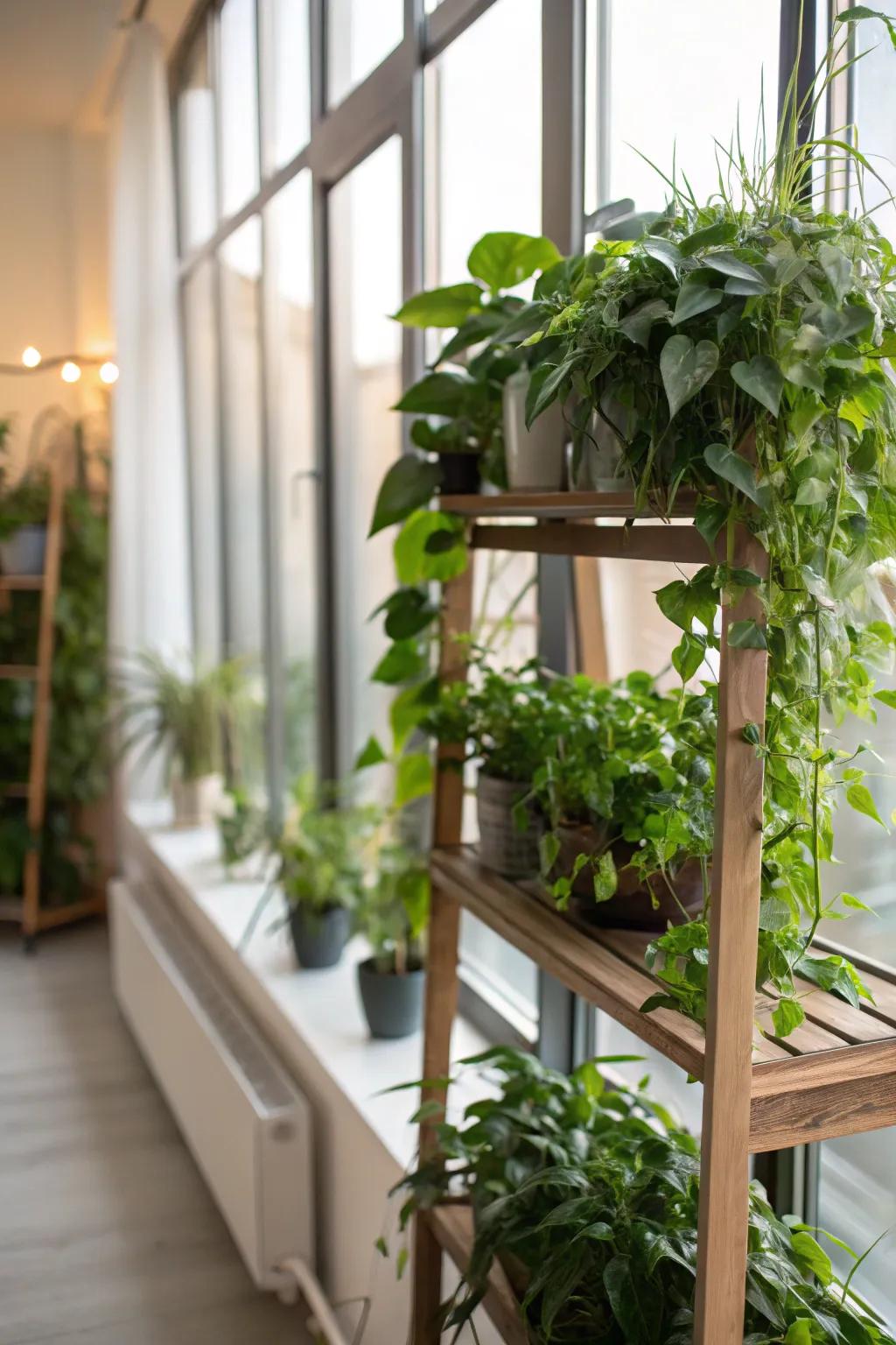 A well-lit plant display shelf situated near a window to maximize exposure to sunlight.