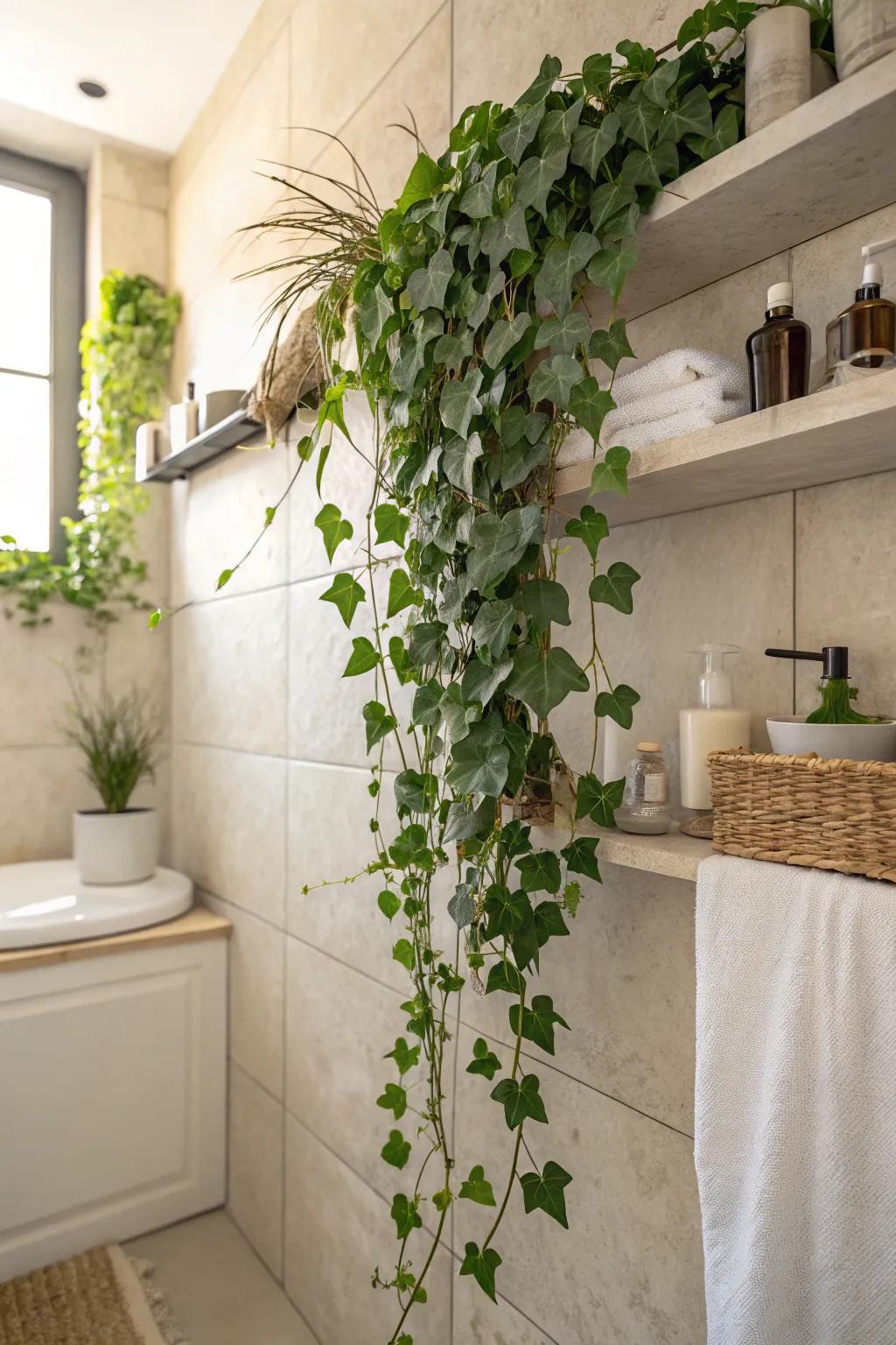Trailing plants add a touch of playfulness and nature to your bathroom space.
