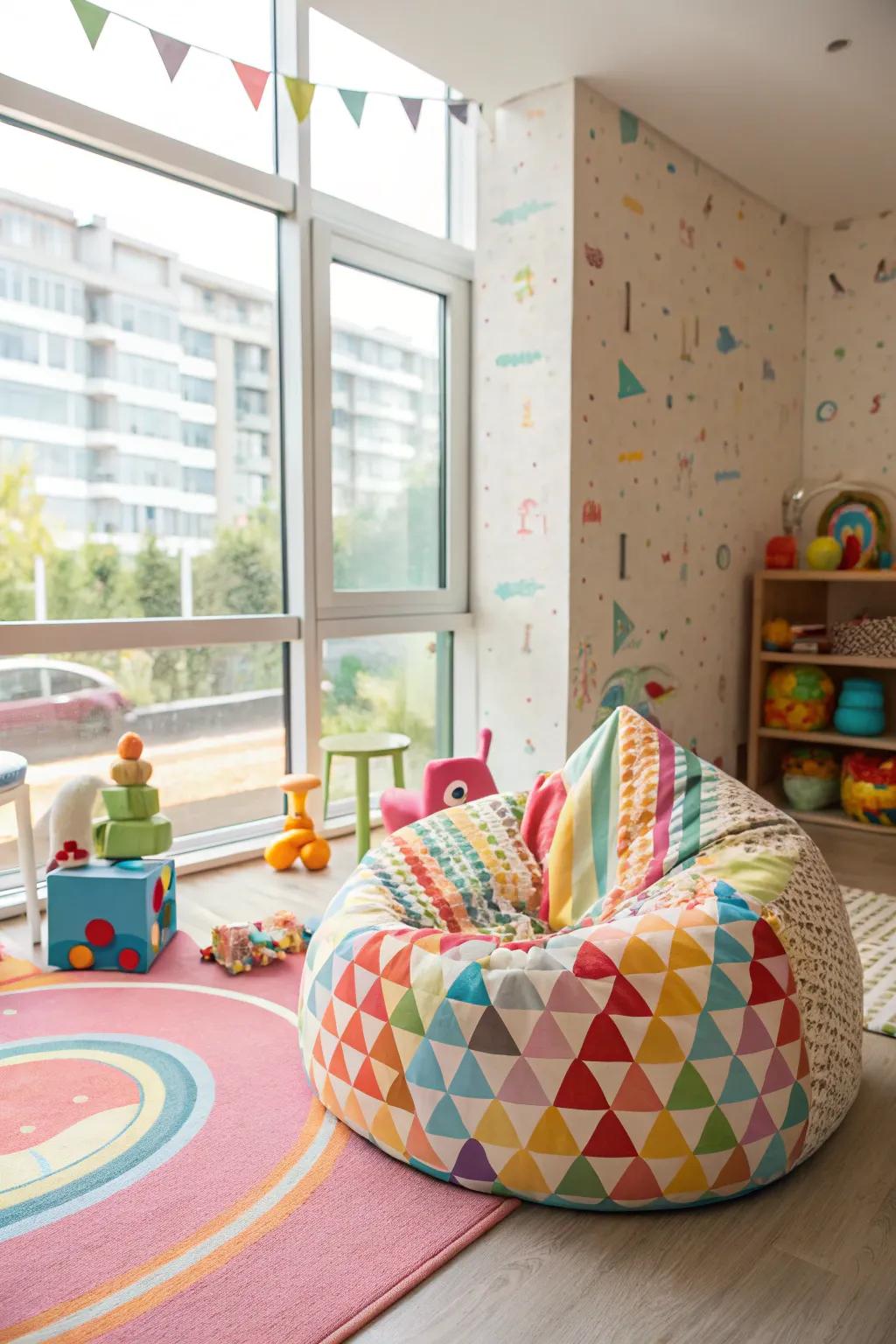 A dynamic playroom highlighting a playful bean bag settee.