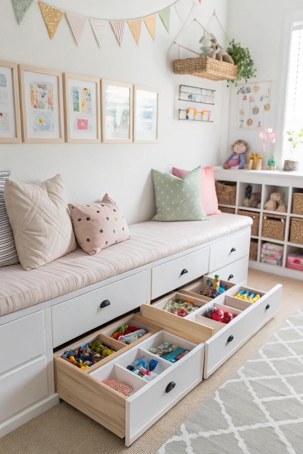 A playroom that includes a storage bench, neatly concealing toys.