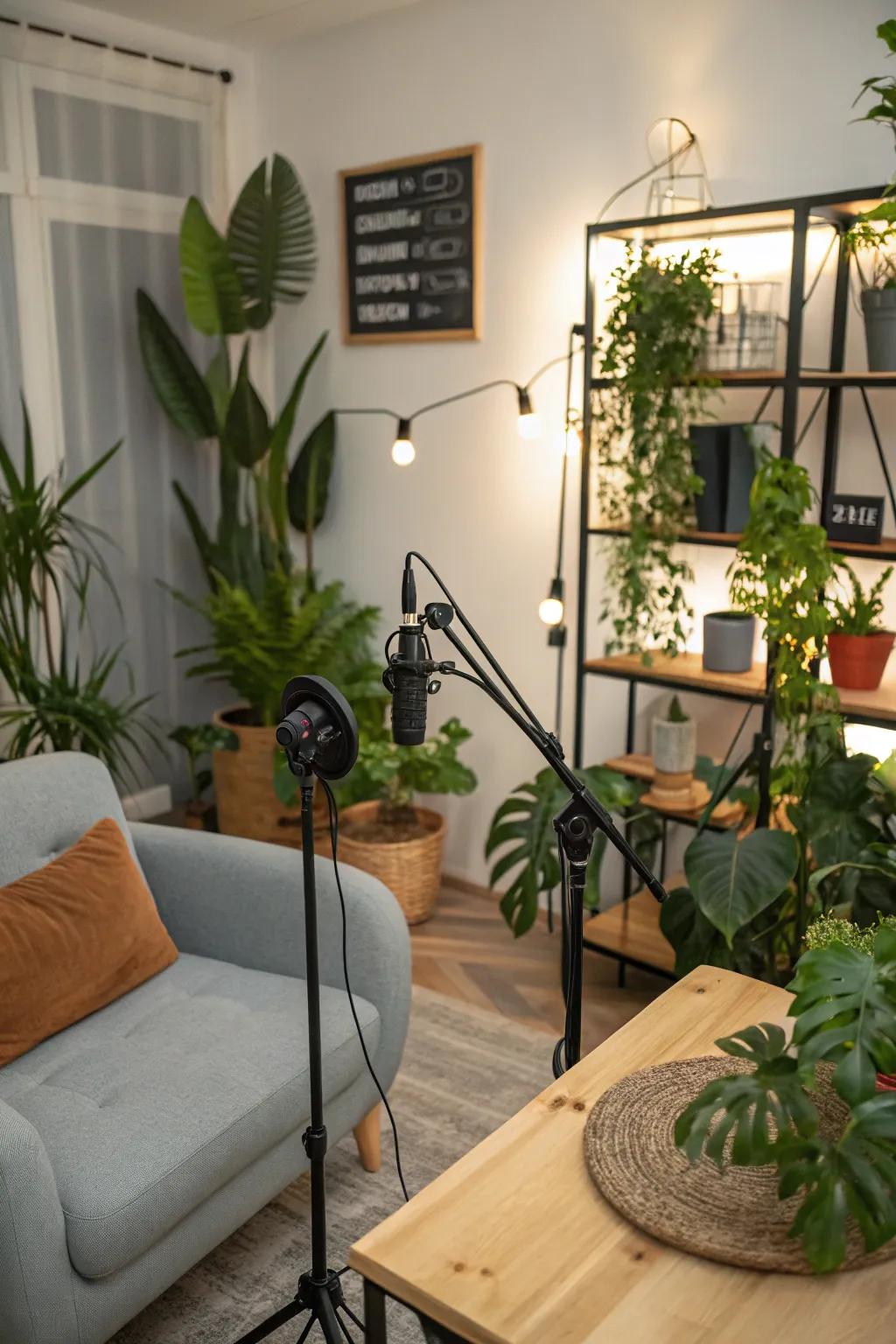 A podcast setup enhanced with plant life.