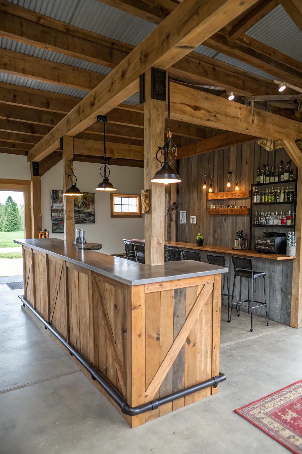 A quaint bar in a pole barn combining recovered timber and contemporary details.