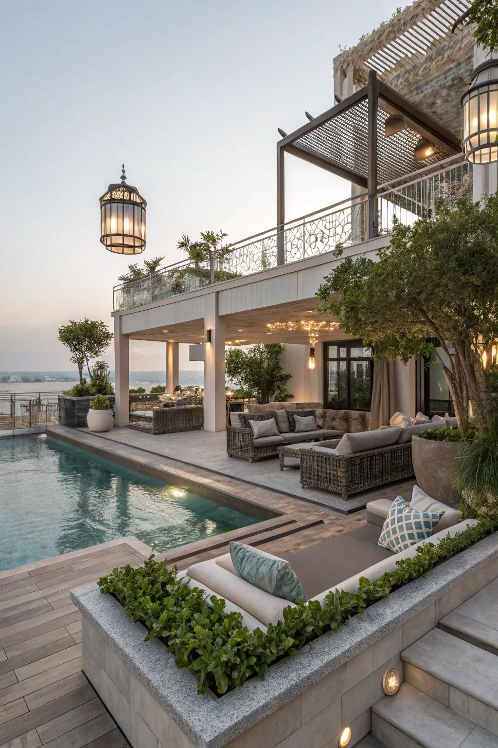 Tiered decks inject a dynamic element into poolside landscapes.