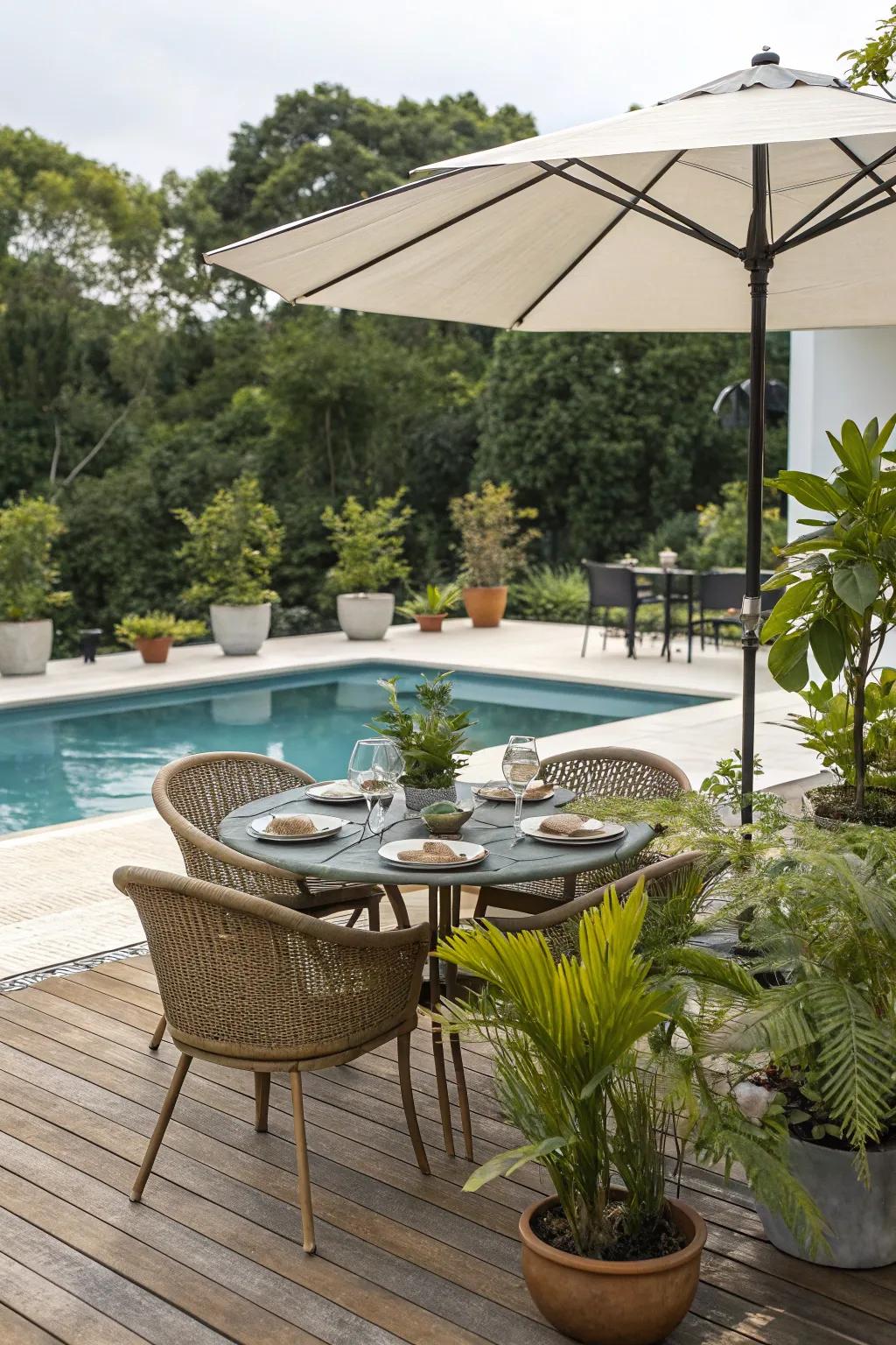 Delight in open-air dining experiences with a fashionable outdoor table arrangement beside the pool.