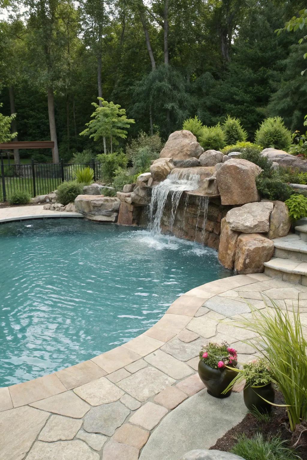 A serene backyard pool featuring a calming waterfall installation.