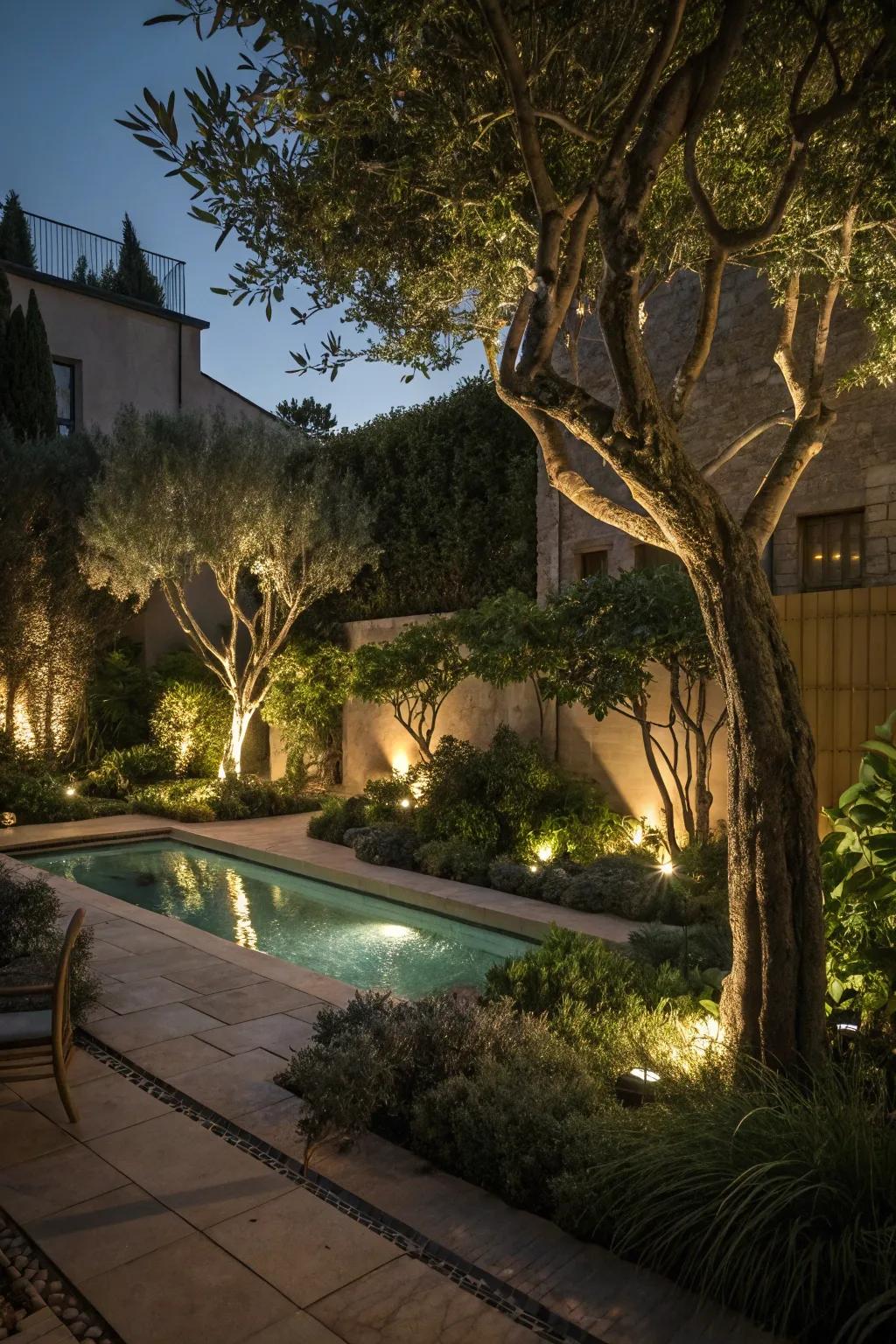 Uplighting trees generates a spectacular nocturnal vista.
