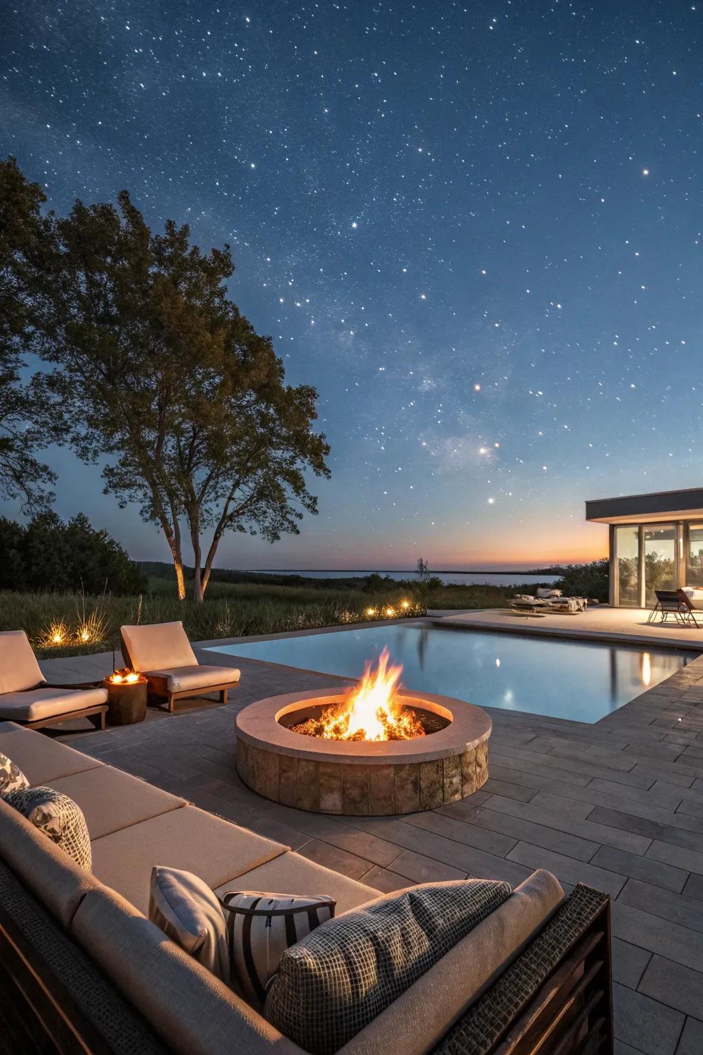 Enhance your poolside evenings with a cozy bonfire pit.