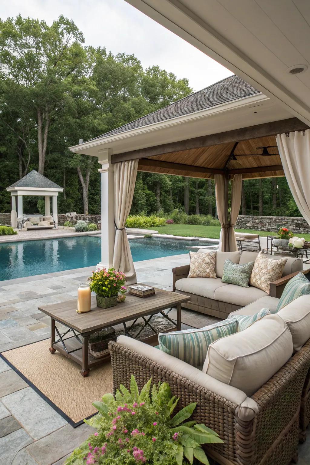 Transform your poolside into an appealing outdoor living room, perfect for unwinding and entertaining.