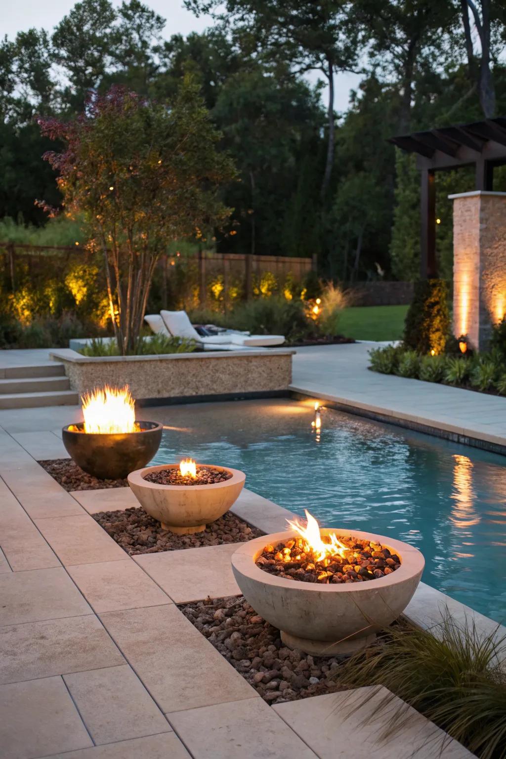 Flame features bring warmth and a touch of drama to your poolside area.