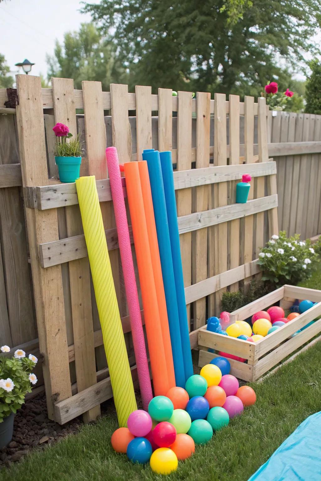 Handmade pallet storage contributes a rustic feel to pool organization.