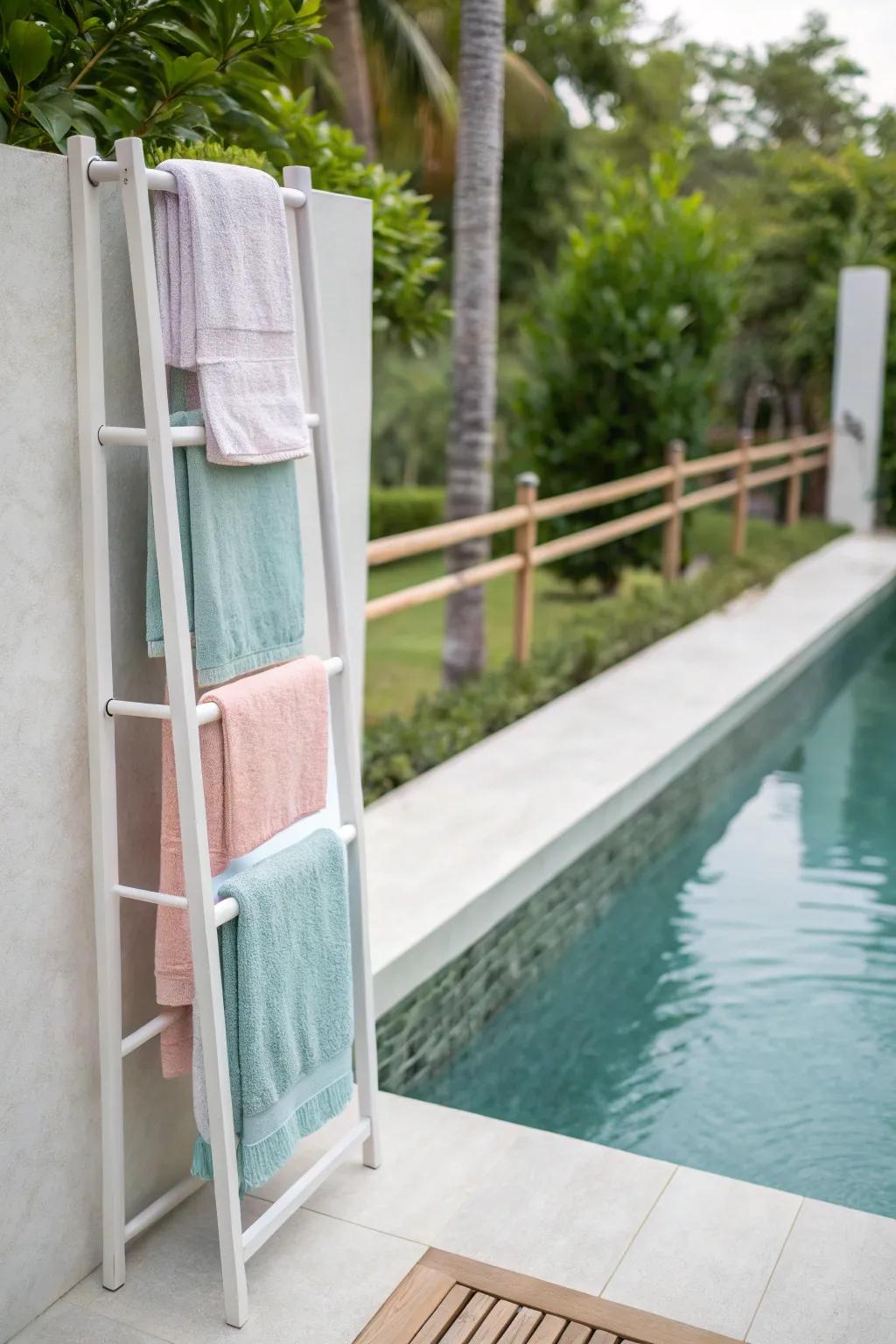 Streamlined wall-mounted shelf for a minimalist poolside setting.