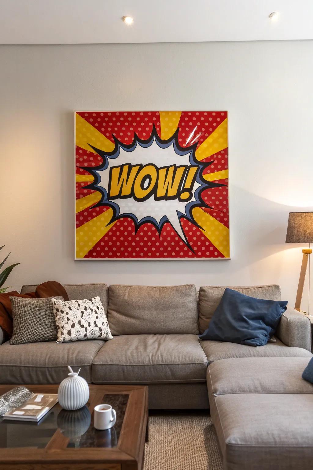 A pop art masterpiece presenting a graphic novel-style 'Wow!' word burst.