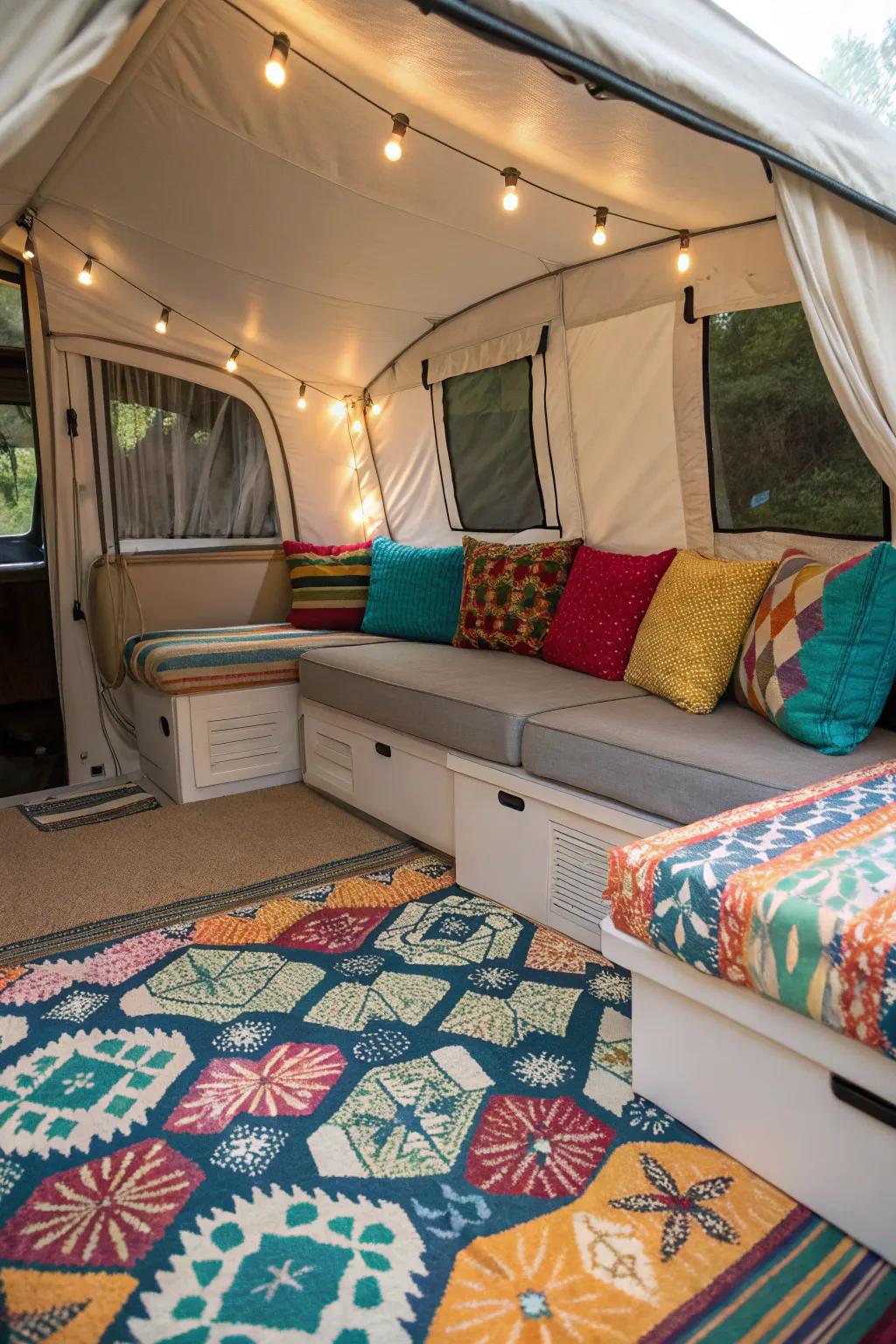 Personalize your camper using decorative elements such as cushions and rugs.