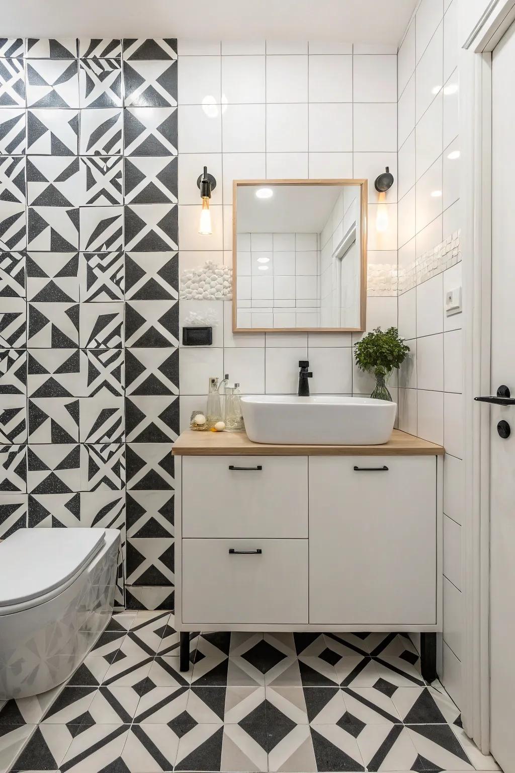 Geometric pattern tiles convert this bathroom floor into a remarkable visual expression.