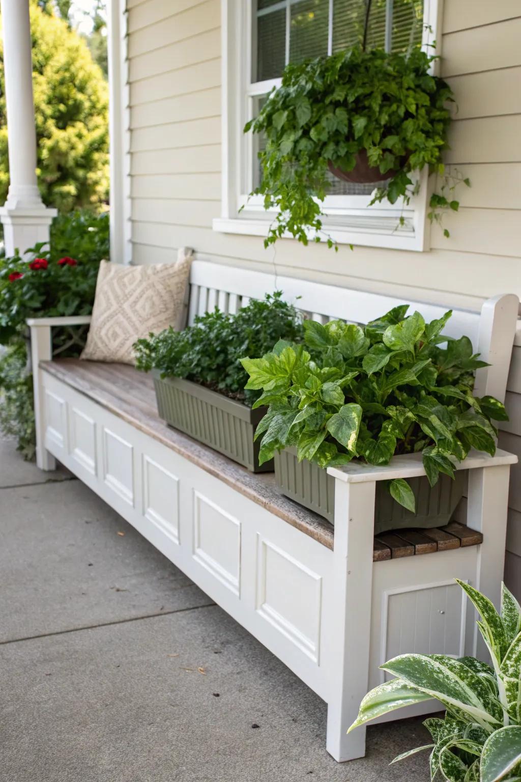 An integrated grower bench flawlessly merges seating with greenery.