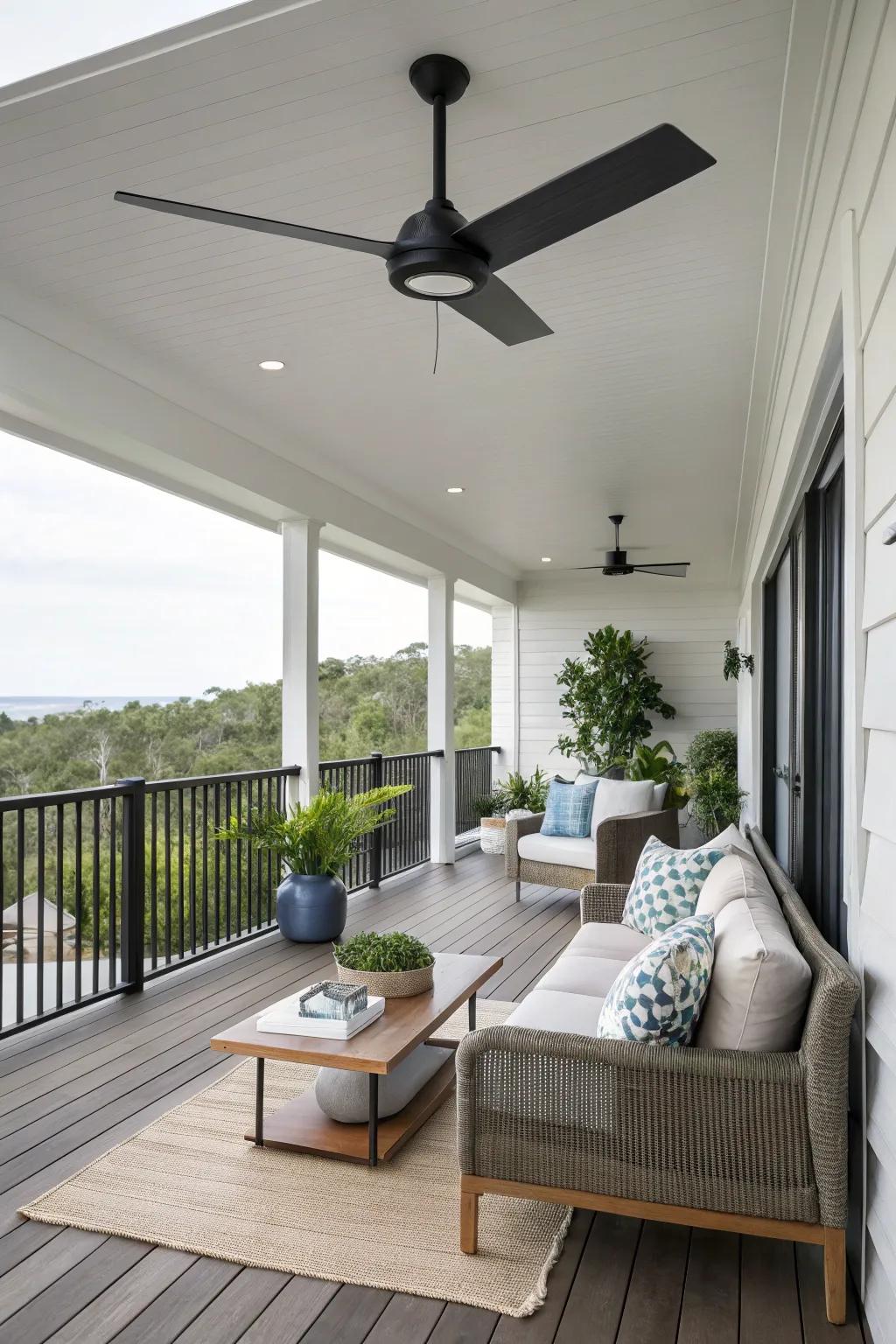 A modern fan elevates the polished look of this minimalist porch.