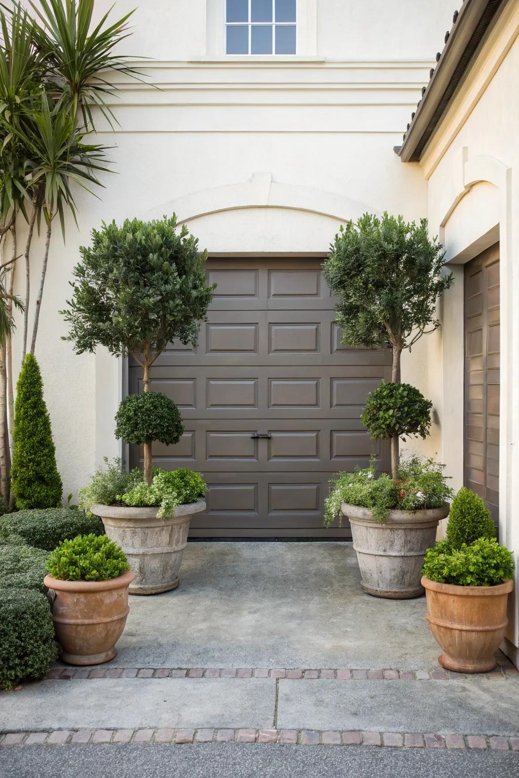 Symmetrical plant layouts instilling balance in the garage's entryway.