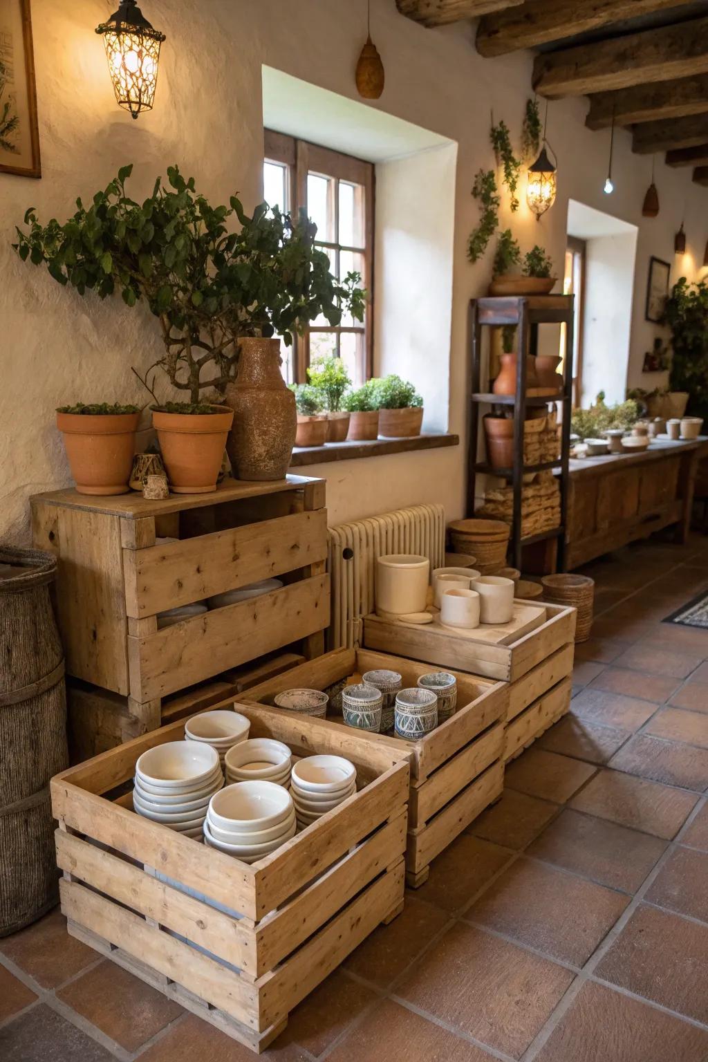 Pottery exhibited in reclaimed wooden containers for a homespun element.