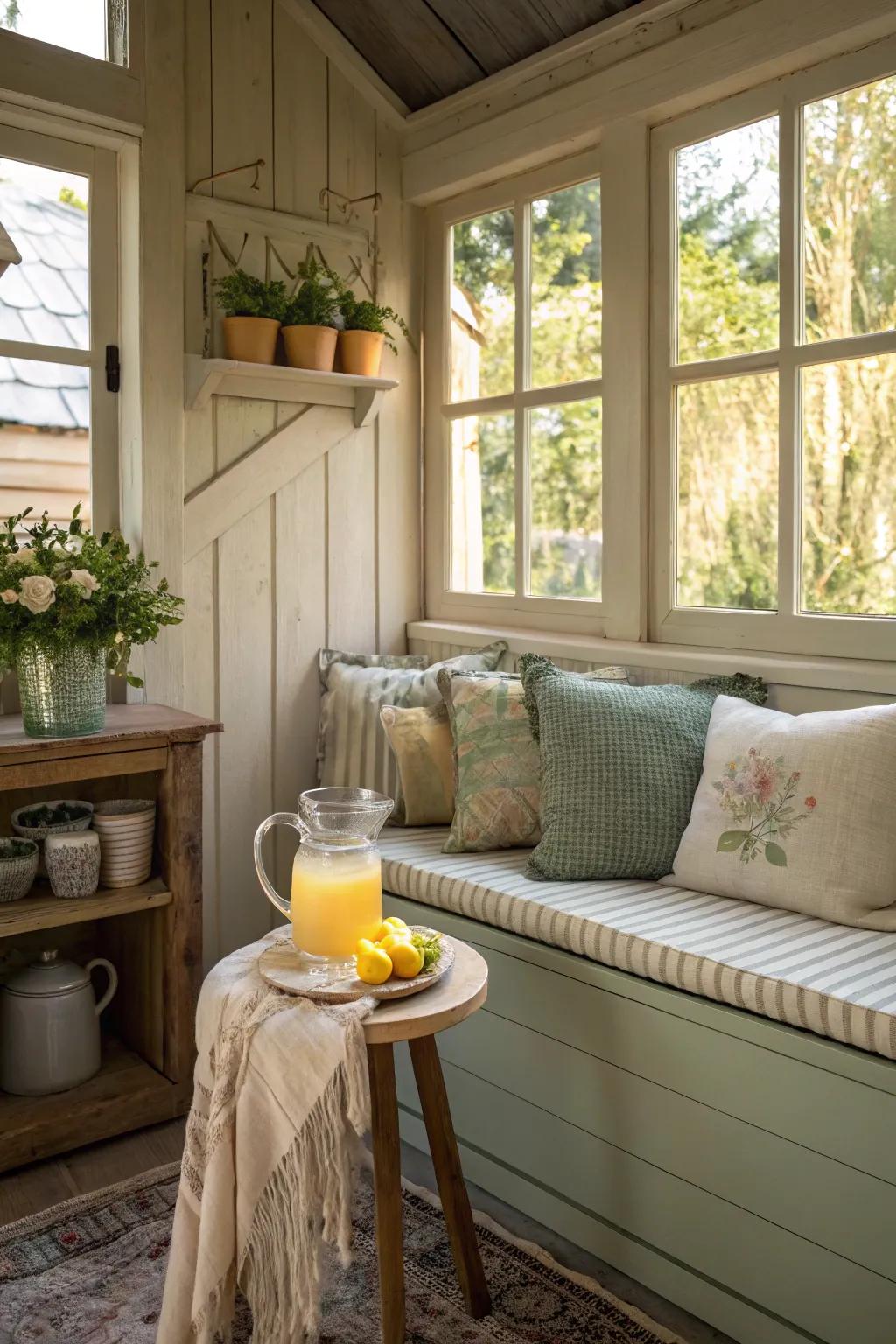 A comfortable corner designated for relaxation within the potting shed.
