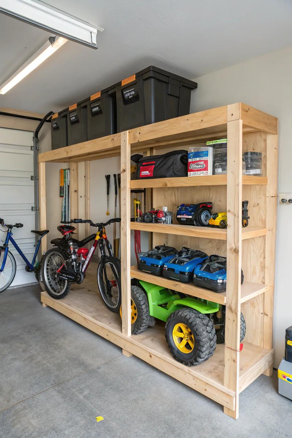 Custom shelving for organized motorized toy vehicle storage.