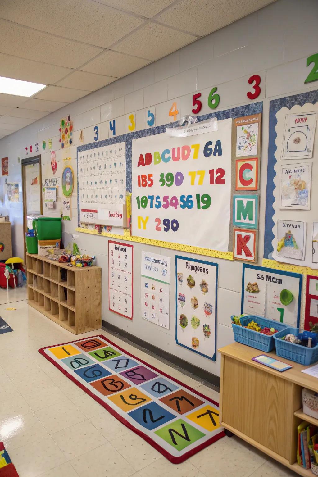 Walls showcasing numbers and letters to support interactive learning experiences.
