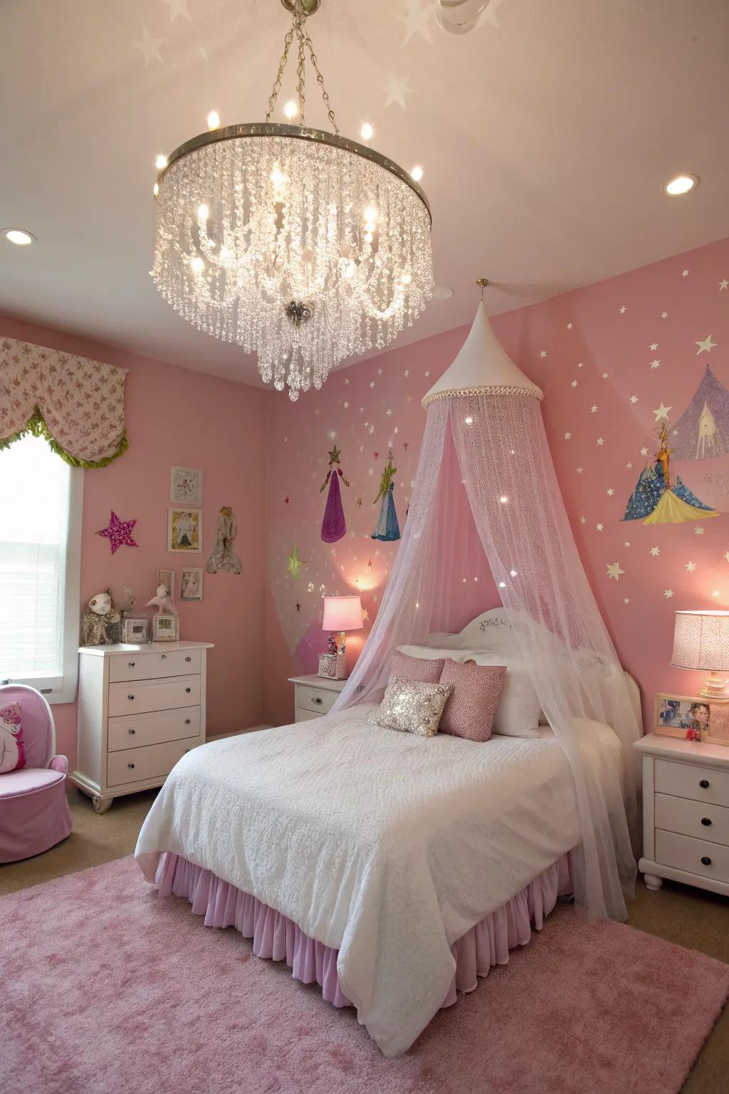 A glass chandelier brings sophistication to the room.