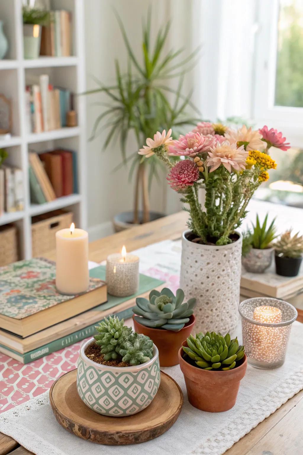 Organic elements like greenery can breathe life into your showcases.