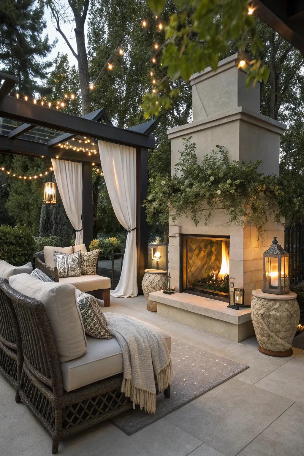 An exterior patio showcasing a stylish propane fireplace.