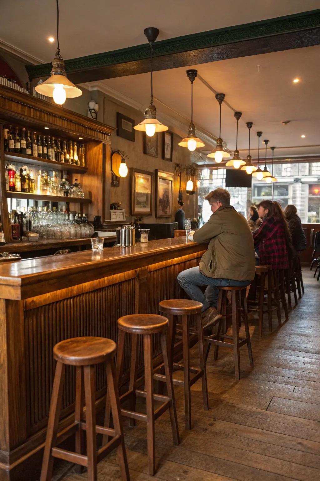Hardwood accents bring a touch of heritage and coziness to any pub environment.