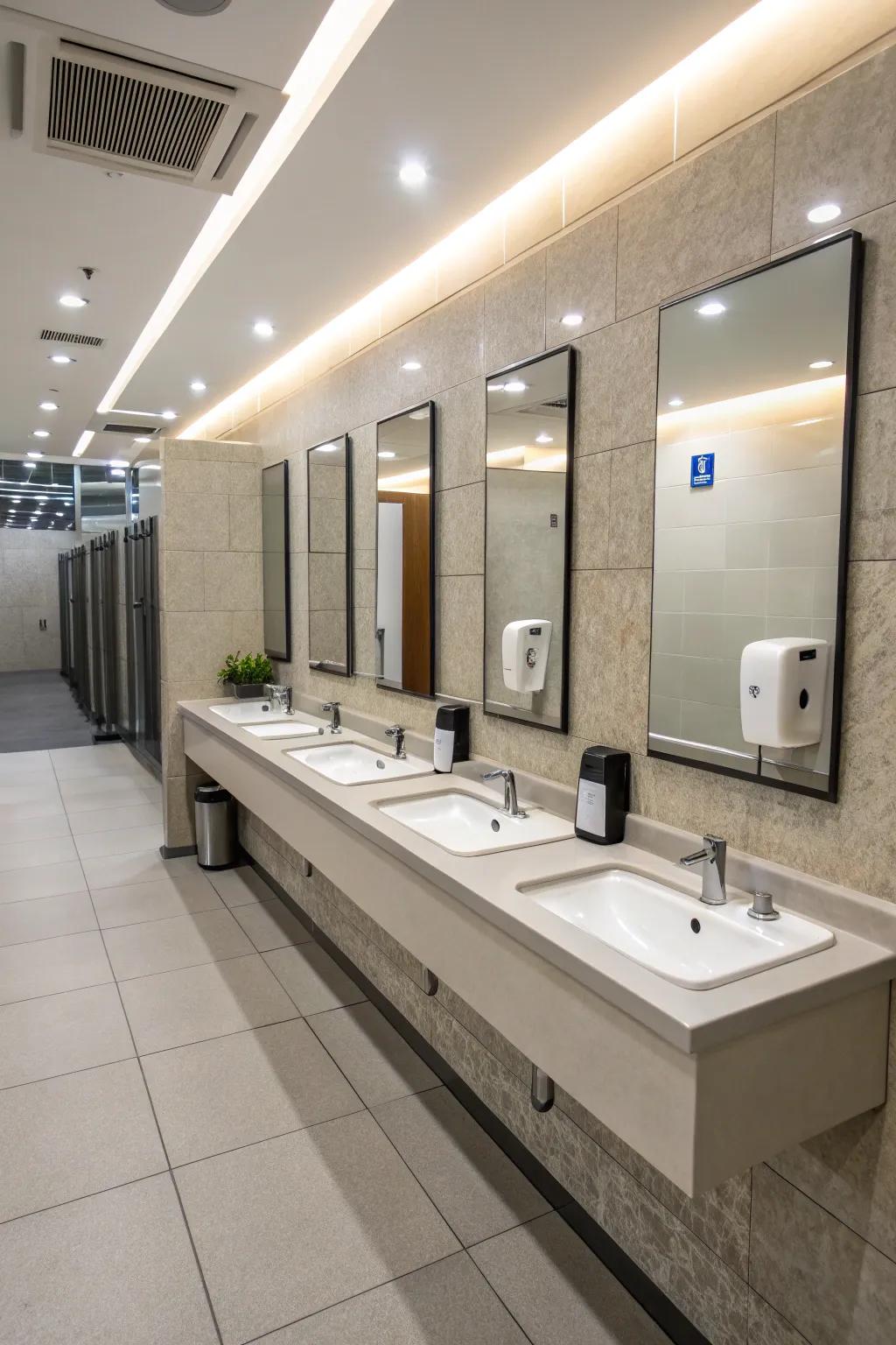 Forward-thinking amenities in a public restroom provide both style and functionality.