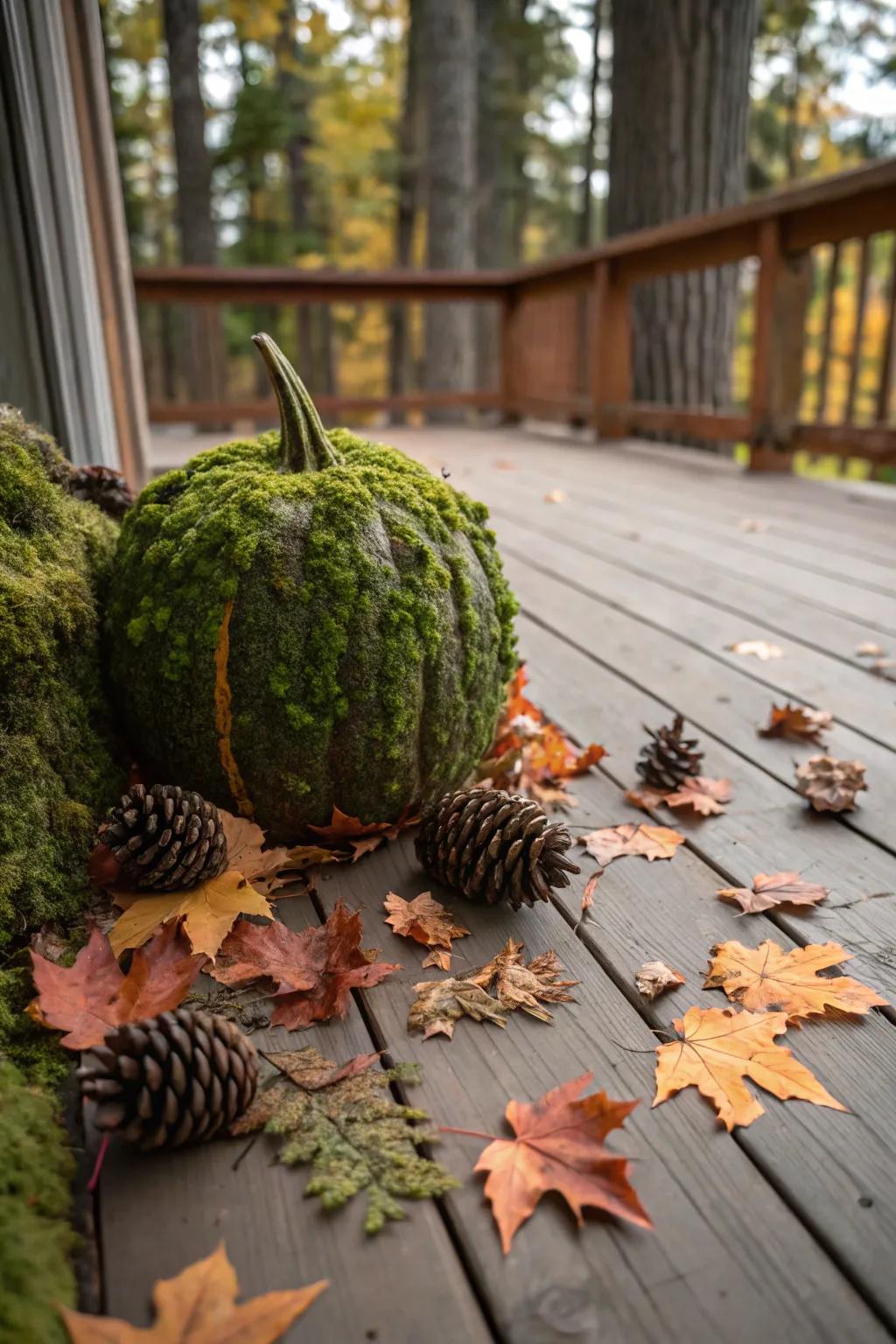 Welcome a slice of nature indoors through moss-laden pumpkins.