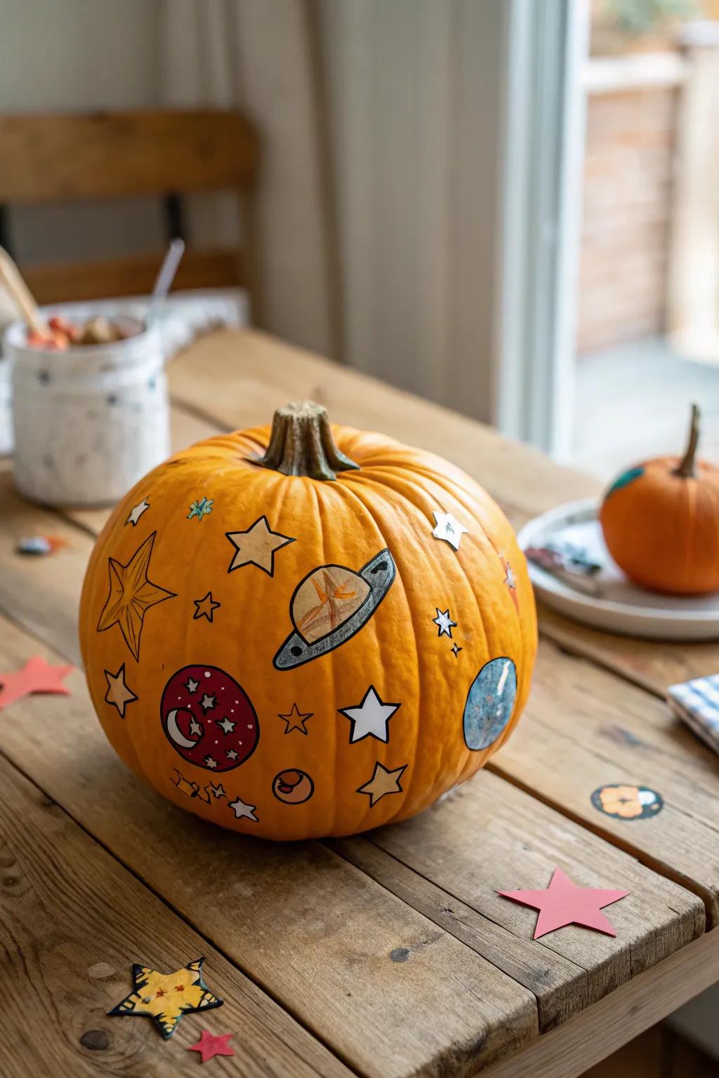 A pumpkin transformed into a cosmos of decals.