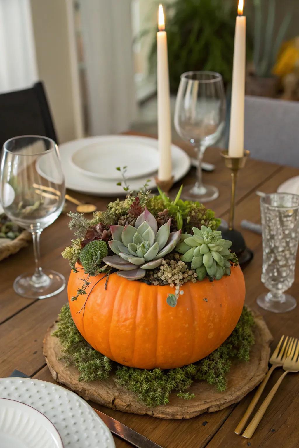 Succulent-adorned pumpkins deliver a contemporary and enduring decor option.