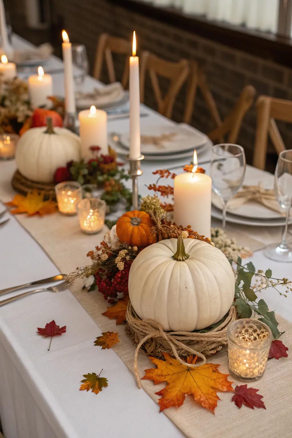 Elegant gourd centerpieces accented by candles and autumn leaves.