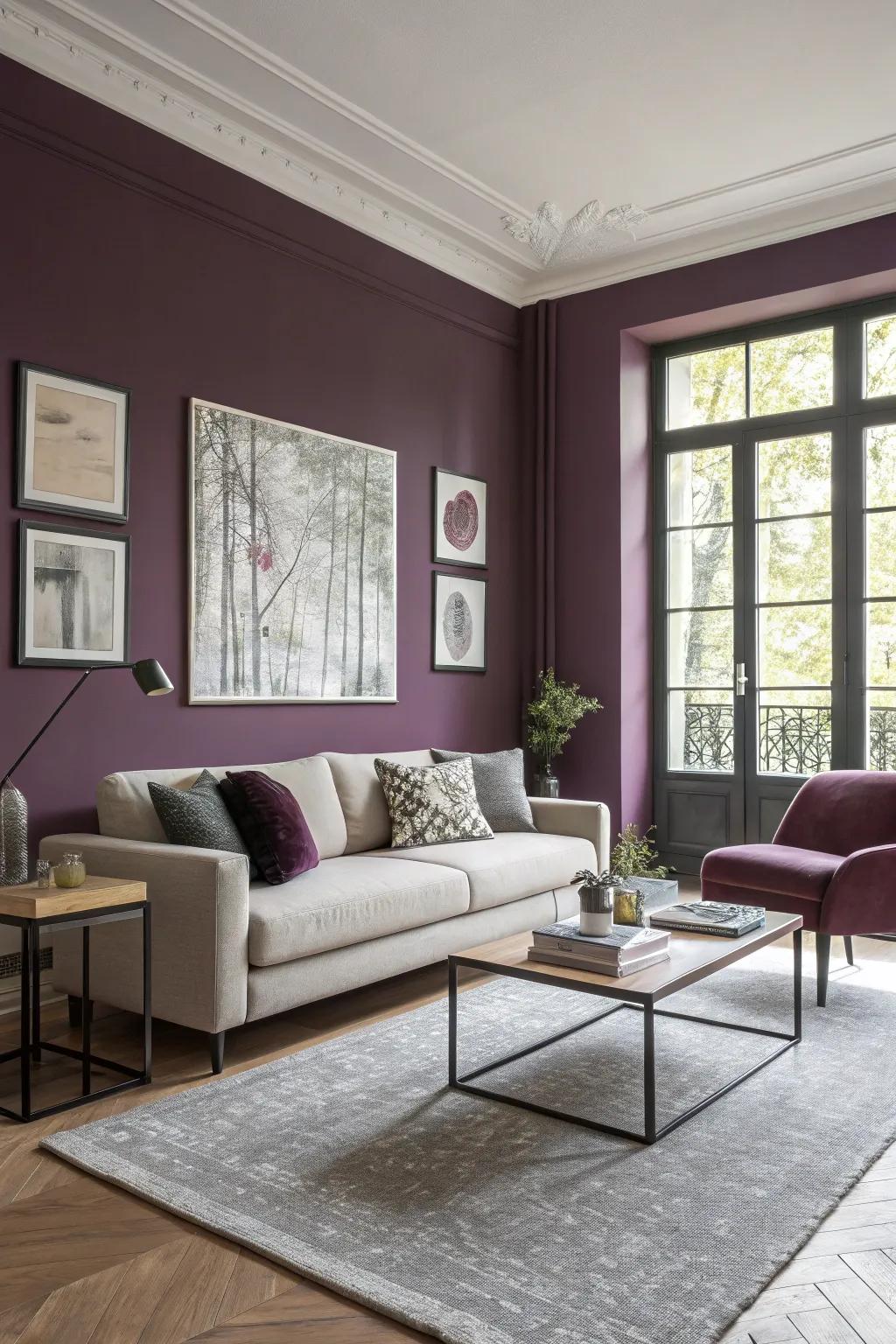A modern living area brought to life with plum-colored walls.