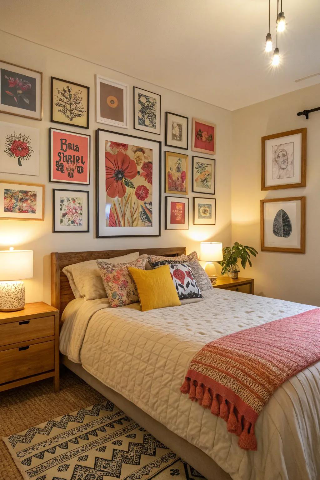A wall display enhancing personality through the use of distinctive art prints.