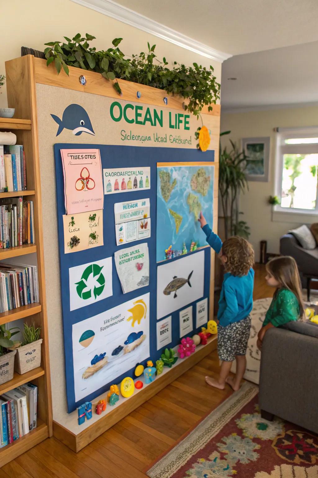An informative and engaging pin board exploring themes of marine biology.