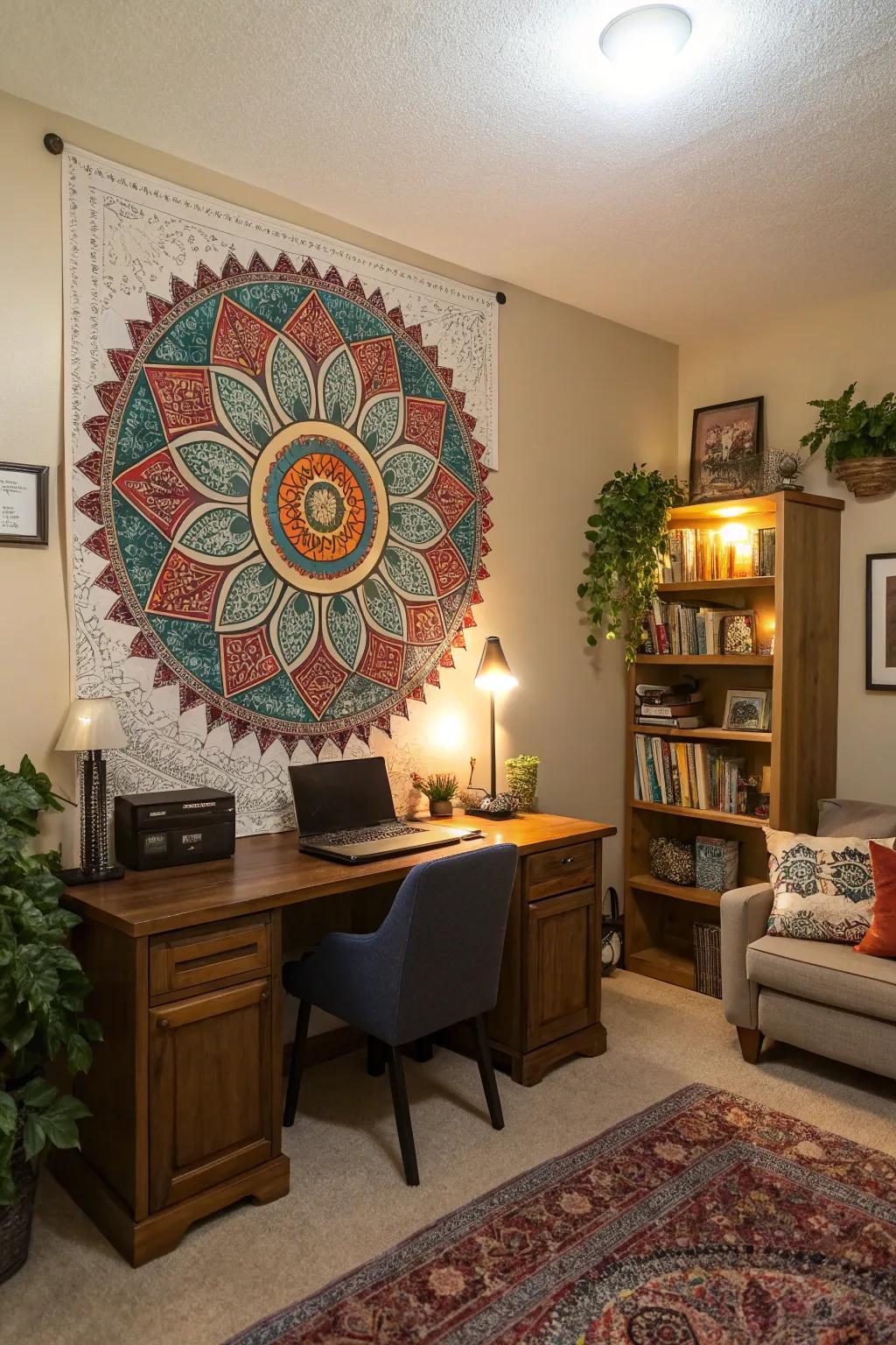 A comfortable home office featuring handcrafted radial design wall decor.