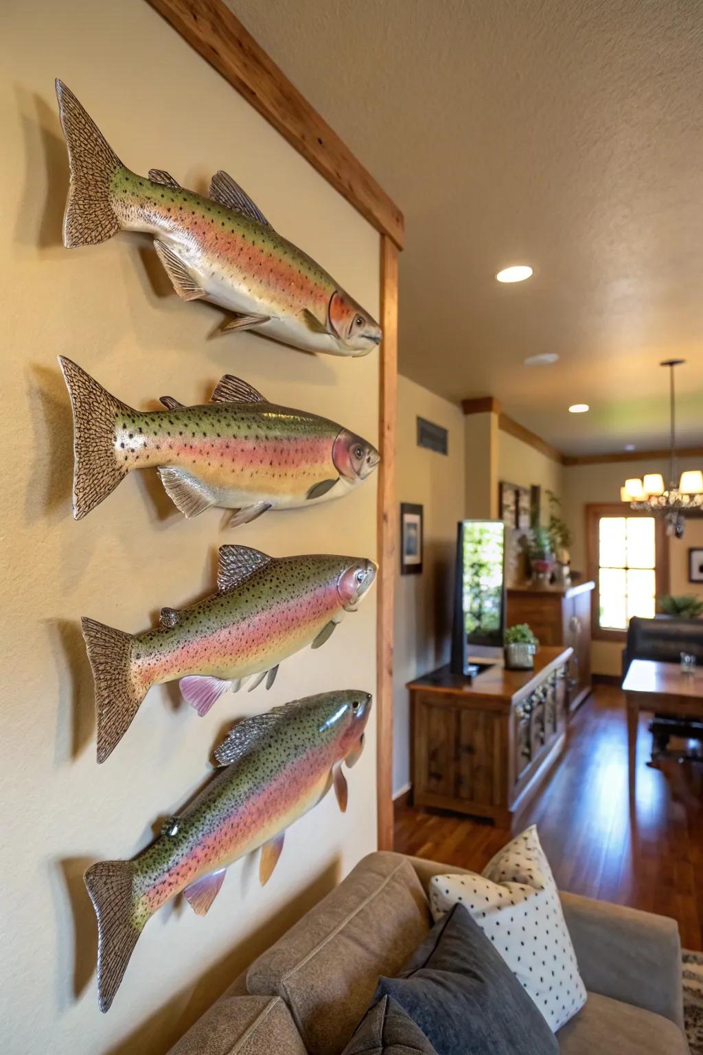 Multiple rainbow trout mounts produce a vibrant and spirited home decor element.