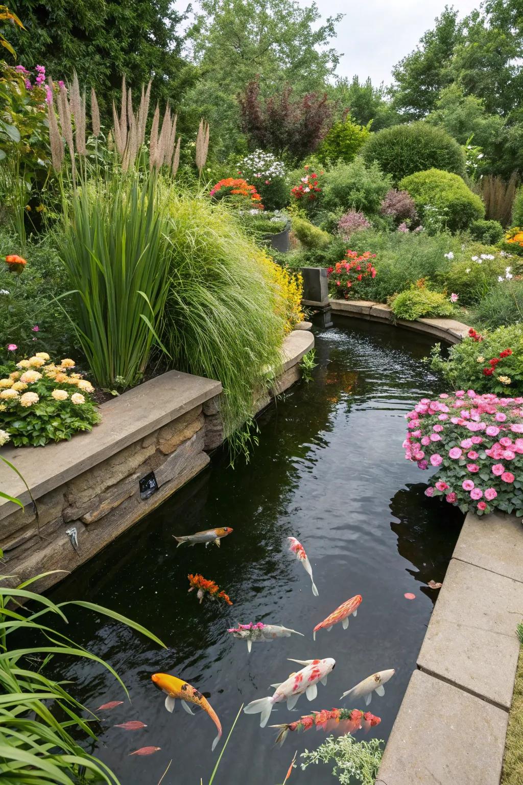 A seamless integration of a raised koi pond with its surrounding lush garden.