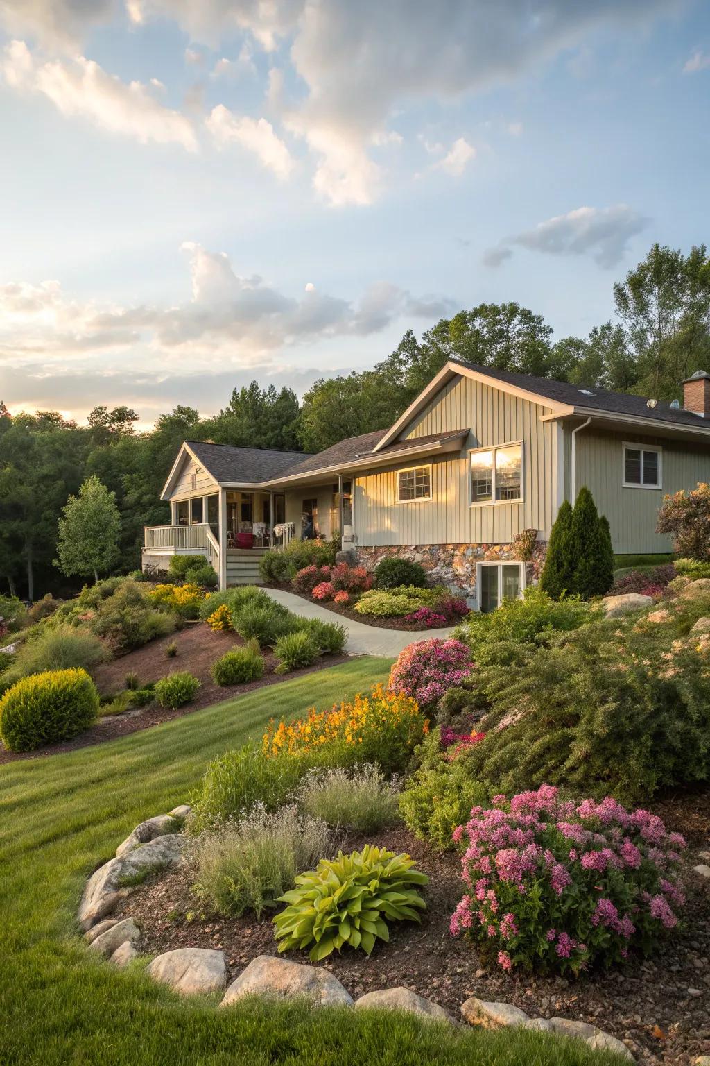 Beautifully layered landscaping encircling a raised ranch, crafting a lavish outdoor setting.